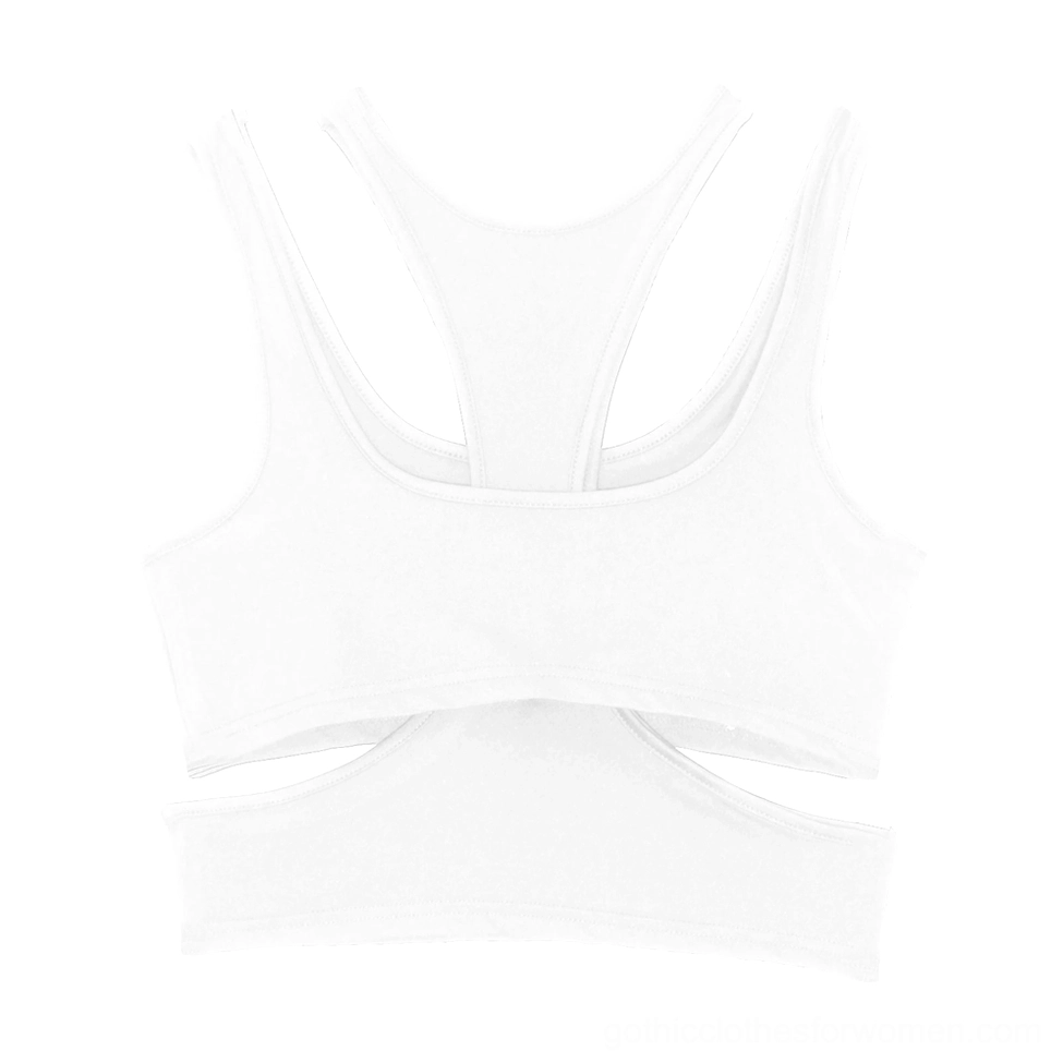 White gothic hollow out cropped tank top flat lay front view, double-layer cutout with smooth fabric texture