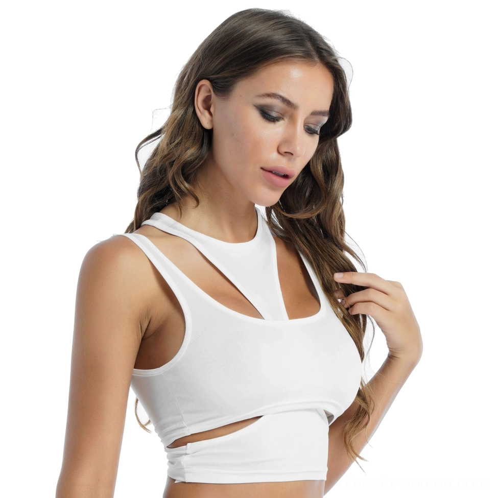 White gothic hollow out tank top side pose on model, hand touching hair, cropped length and cutout details