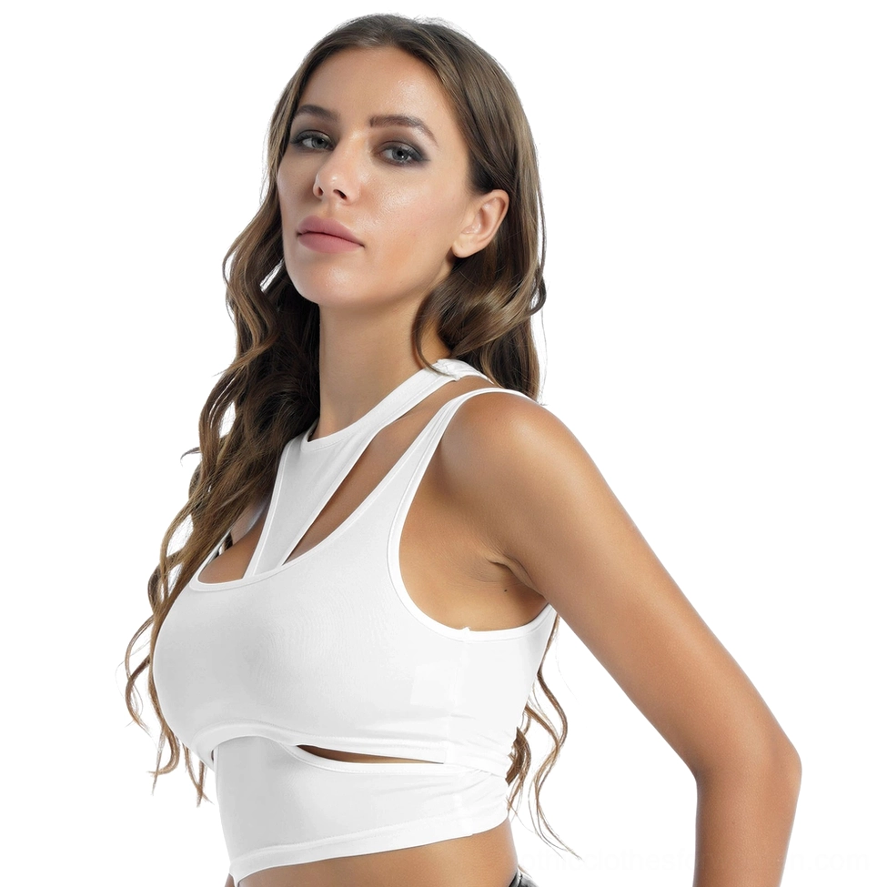 White gothic hollow out tank top three-quarter side view on model, showing cutout details and slim fit