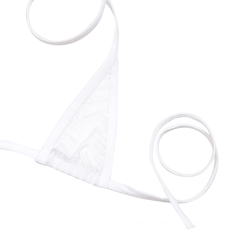 White halter bikini top side view flat lay, triangle mesh cup design with long adjustable neck ties
