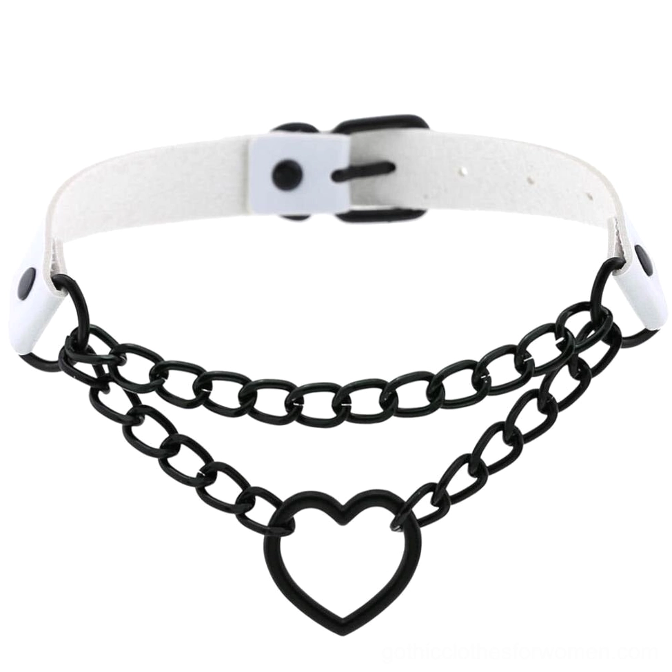 White PU leather heart choker with black aluminum chain and hollow heart charm, gothic style necklace