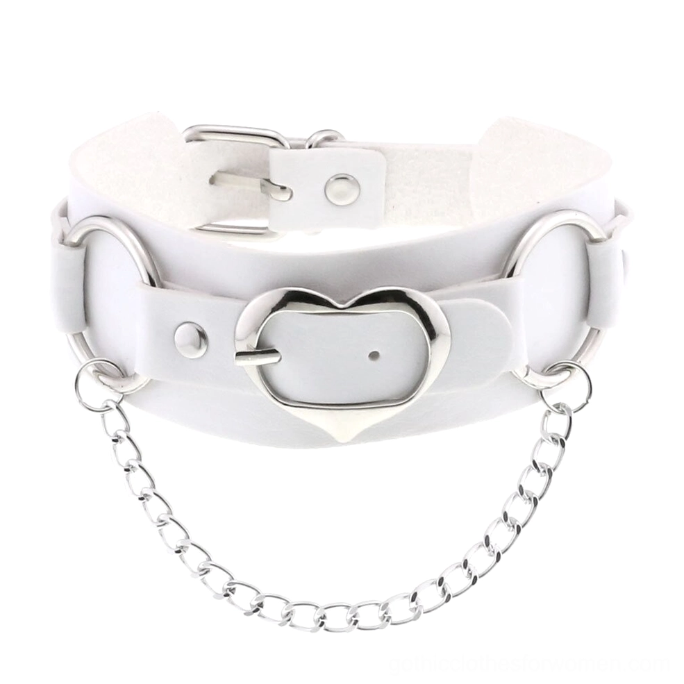 White faux leather heart choker with silver chain accents and adjustable heart buckle