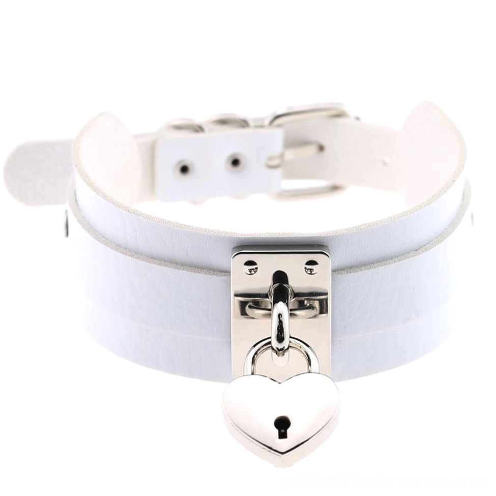 Silver white gothic leather heart lock choker - classic neutral goth option