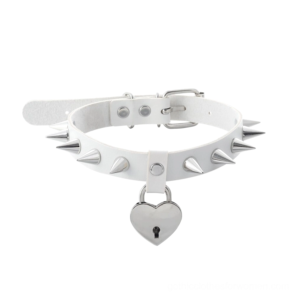 White heart spiked choker side view showing adjustable buckle and conical spike details