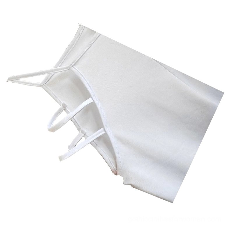 White gothic hollow-out pants waist strap close-up detail showing architectural cutout design
