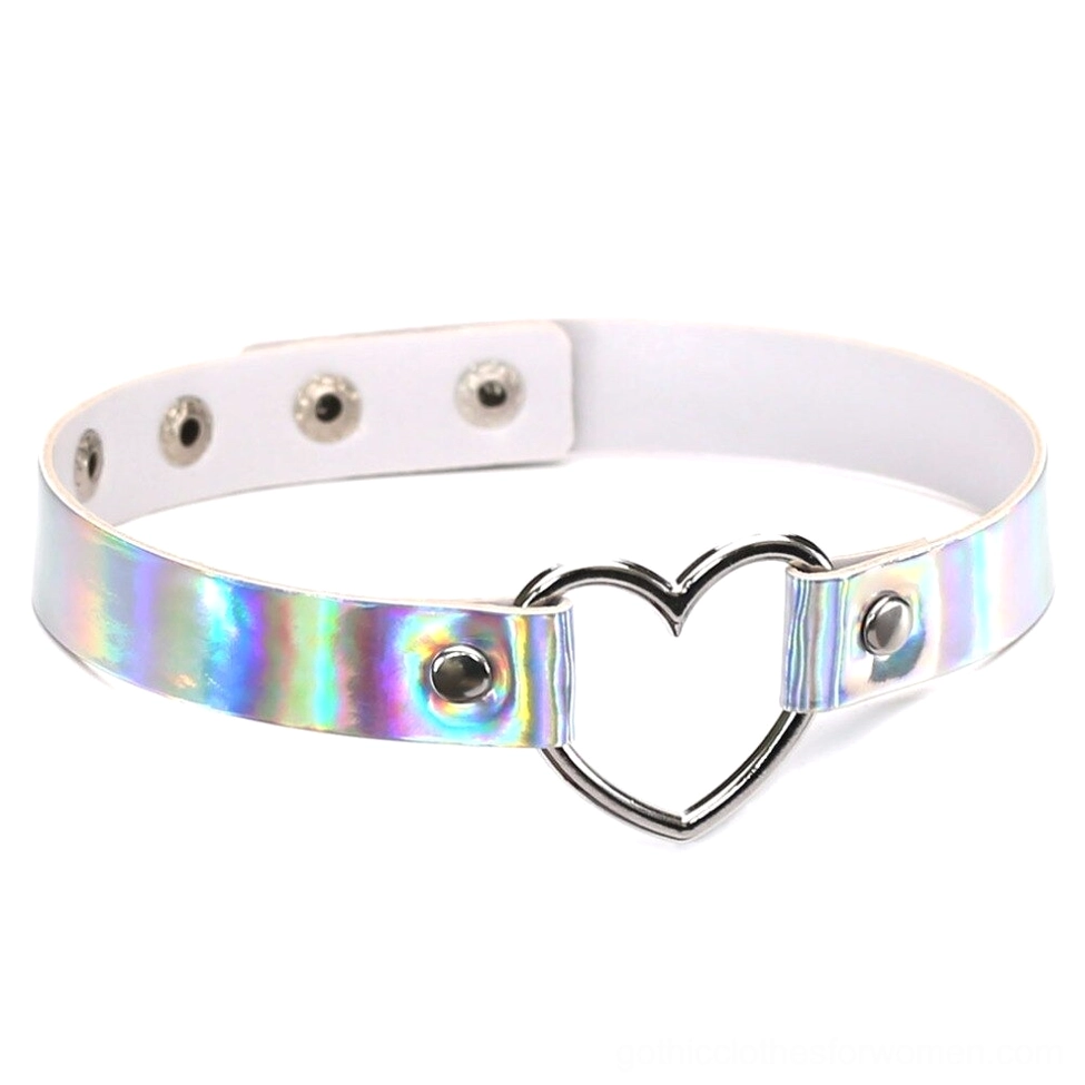 White holographic heart choker necklace showing reflective iridescent coating and silver metal heart buckle detail