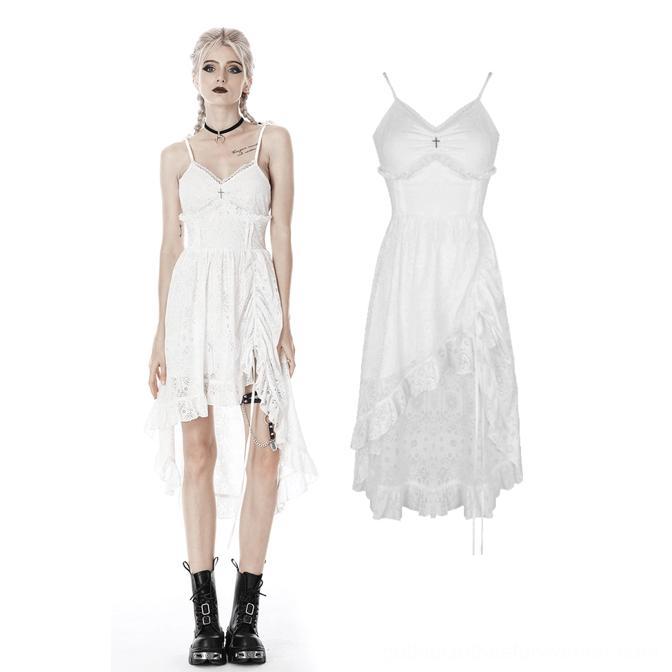 White lace gothic midi dress styled with thigh slit detail and leg garter accessory, front full-body and flat lay view