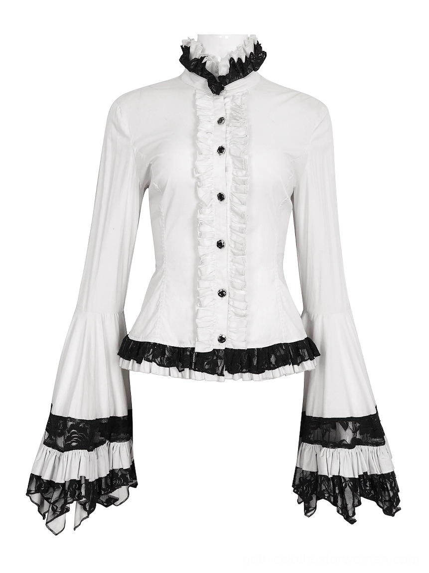 Flat mannequin display of white lace gothic blouse with high ruffled collar, black lace trim, and button placket front view