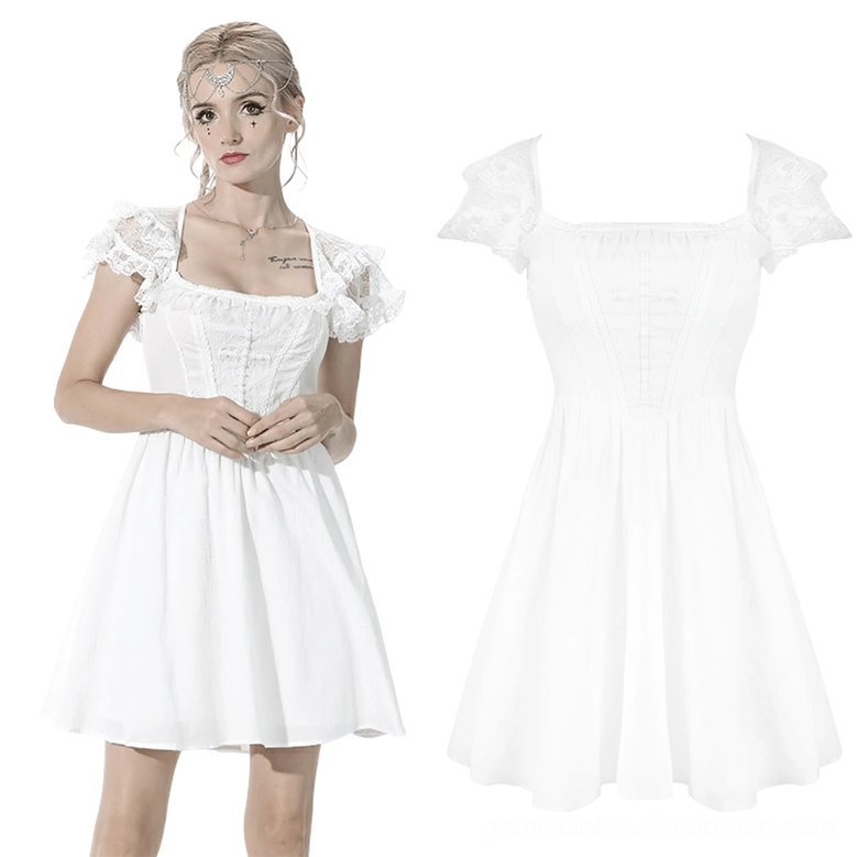 White gothic lolita cross-chest mini dress flat lay and on-model front view - square neckline, flared skirt, delicate lace trim details