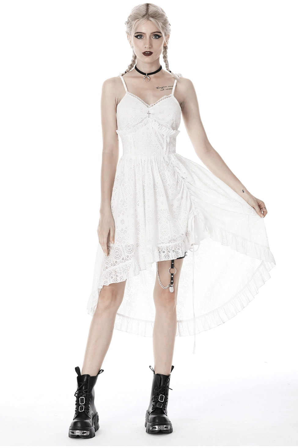 White lace gothic midi dress with asymmetric hem, front full-body view showing spaghetti straps and ruffled bust detail