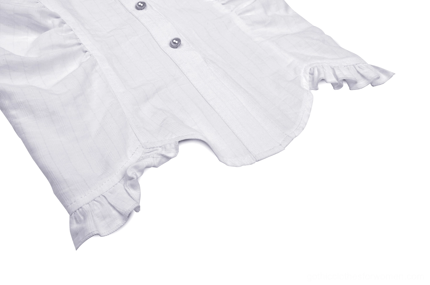 Full length display of white lace puff sleeve blouse with statement neckline and Victorian design elements