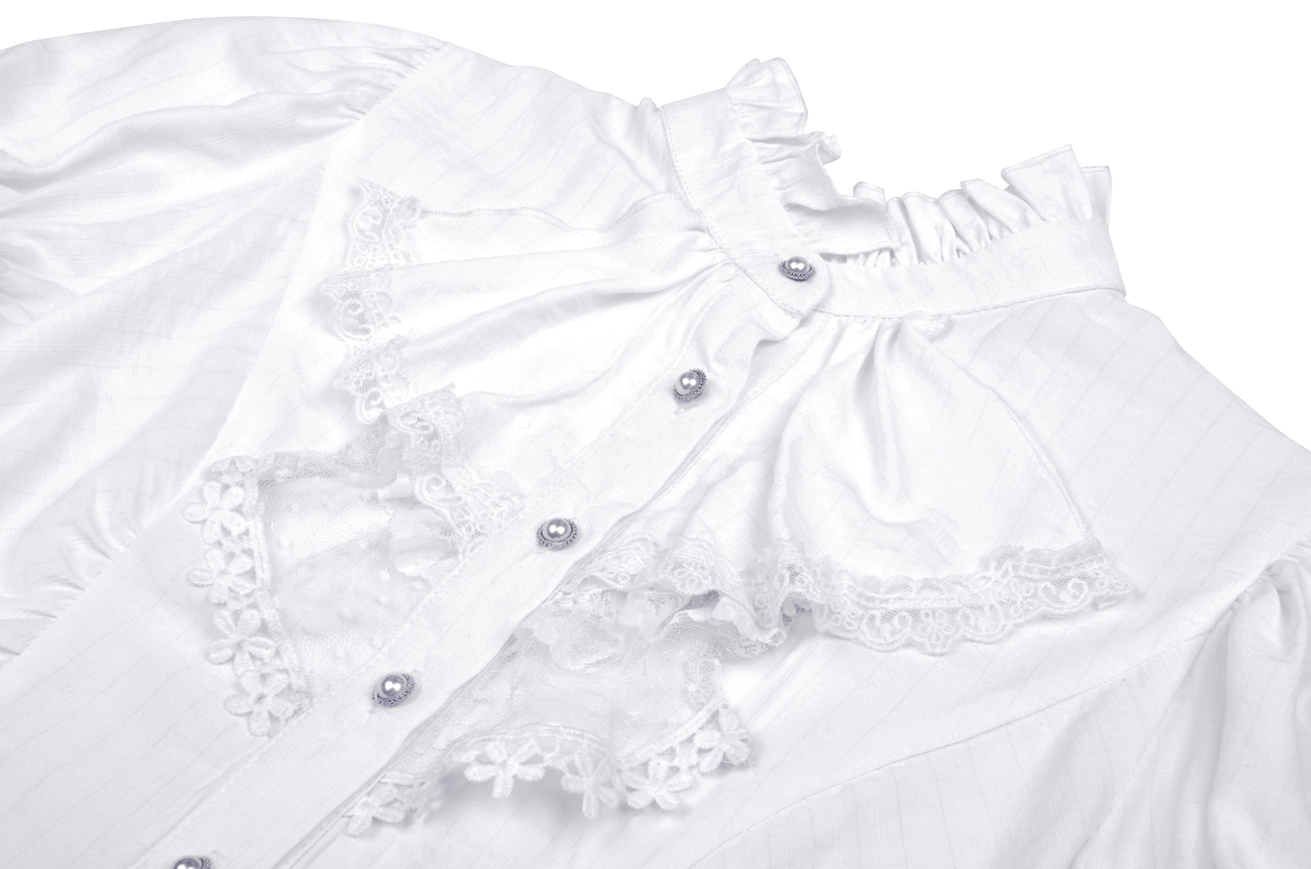 Close-up detail of white lace ruffle neckline with pearl decorative buttons on Victorian gothic blouse