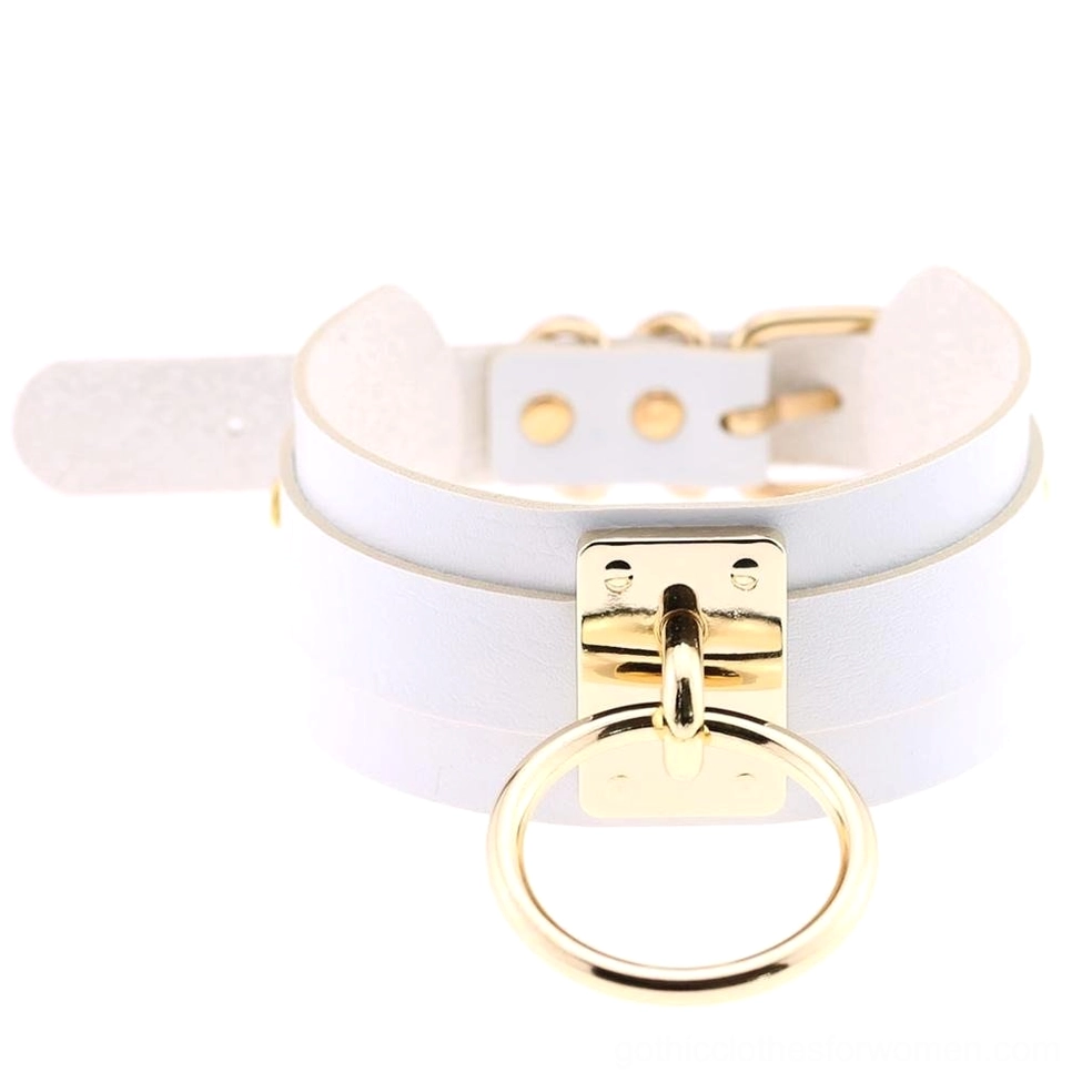 White PU leather bondage choker with gold tone metal ring, striking contrast gothic choker