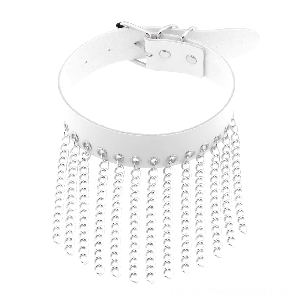 White leather gothic choker with adjustable buckle and silver tassel chains
