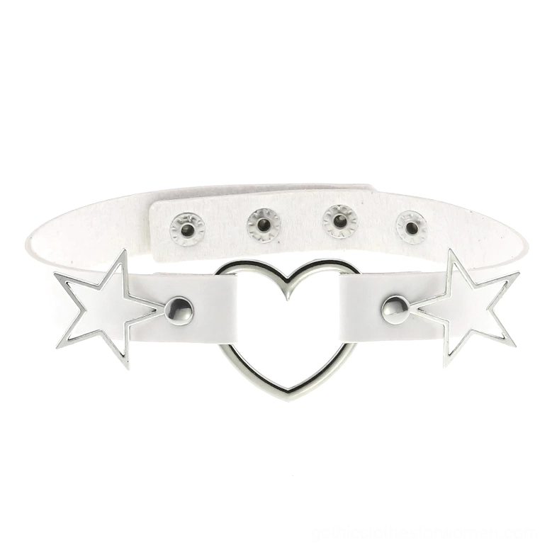 White PU leather choker necklace showing detailed view of heart pendant and hollow star ornaments with adjustable snap fasteners