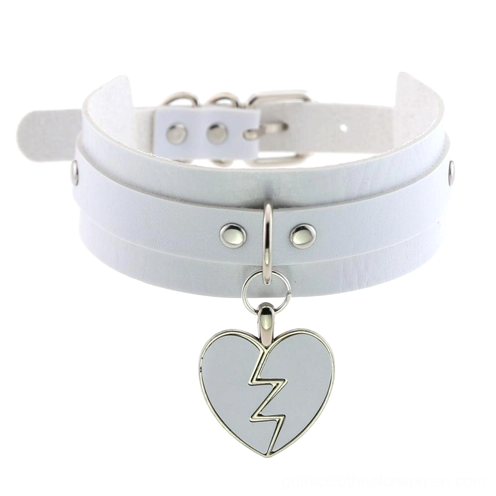 White ethereal leather gothic choker with white fractured heart lightning pendant