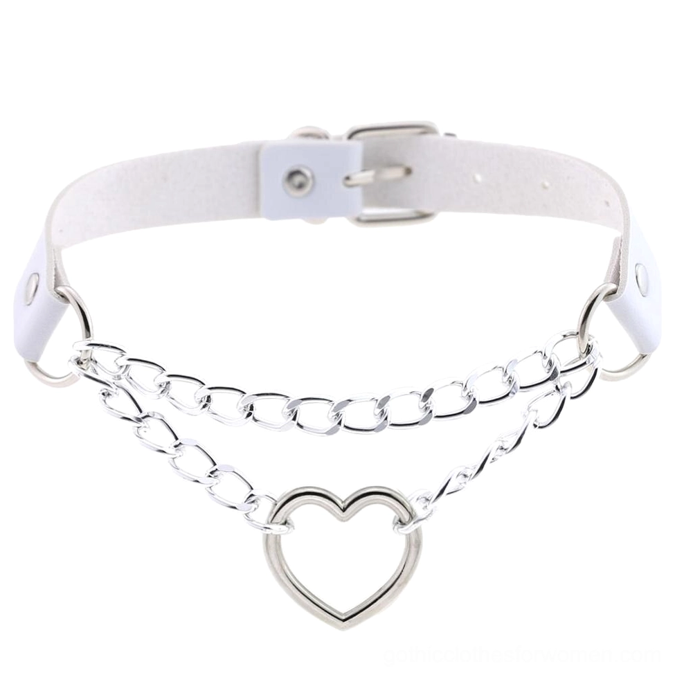 White leather heart choker with silver chains - gothic alternative fashion jewelry