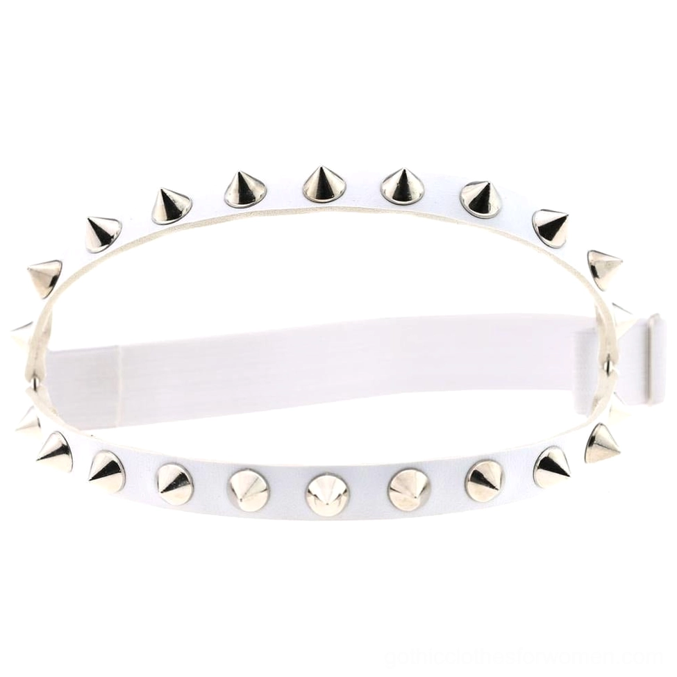 White leather spiked leg garter with silver metal studs adjustable buckle vampire inspired gothic harness
