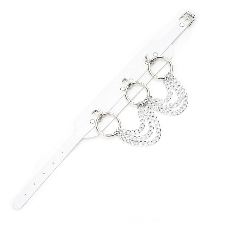 White leather O-ring choker necklace with silver metal chains, ethereal gothic aesthetic