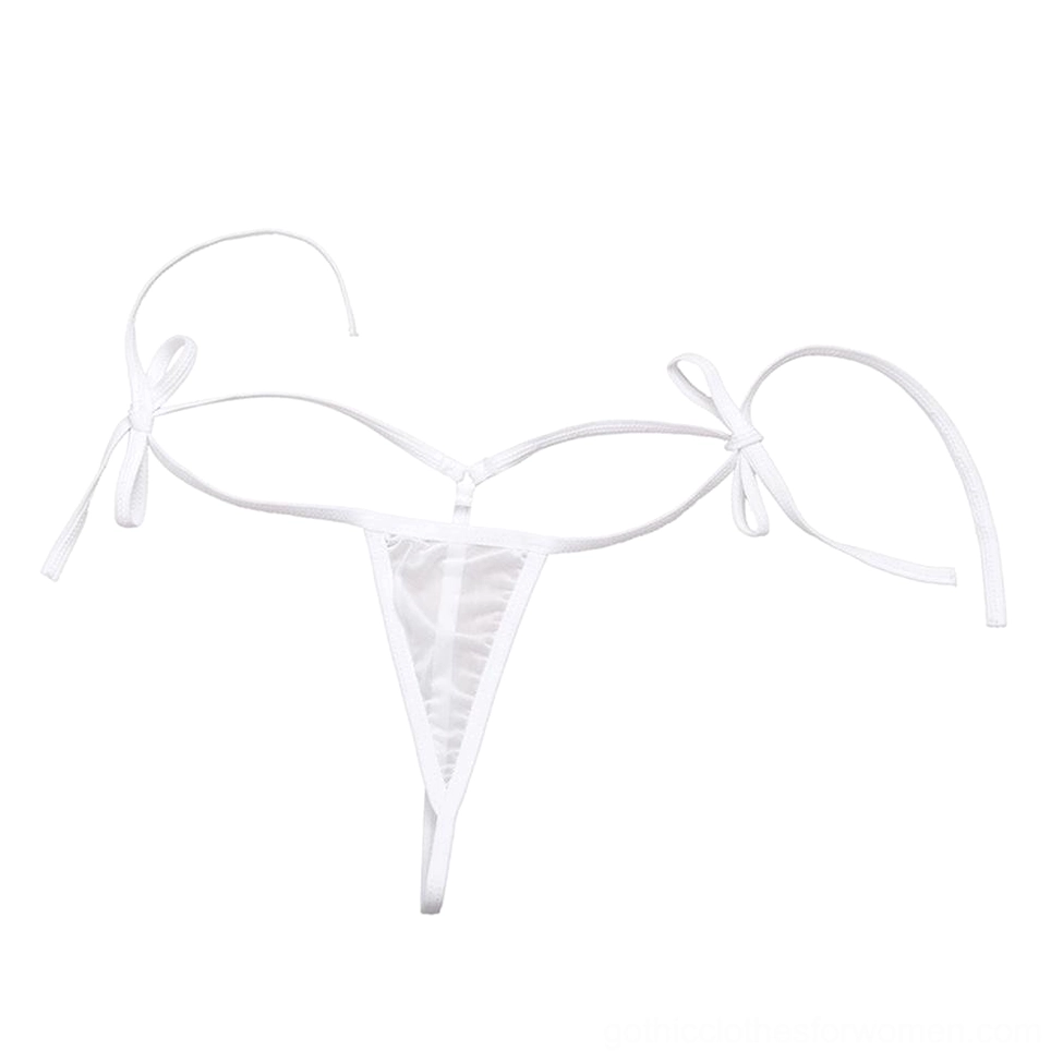 White bikini thong and halter strap side flat lay, showing self-tie side straps and mesh construction detail