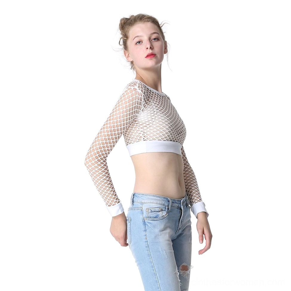 Gothic mesh fishnet crop top, white color variant showing full-length sleeve construction