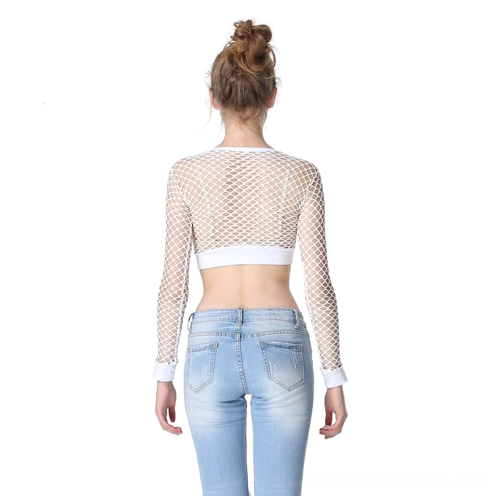 White mesh fishnet crop top detailed view of crew neckline and mesh weave texture