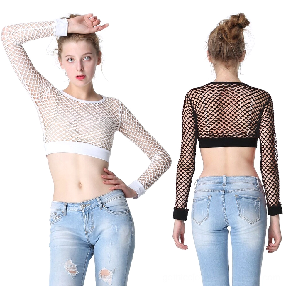 White mesh fishnet crop top side front pose view on female model, hand on head styling