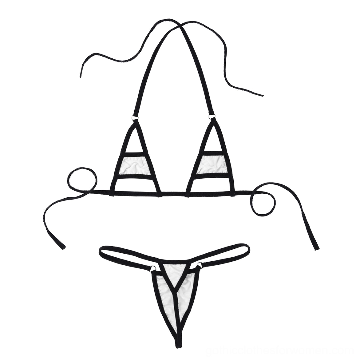 White one-size micro bikini set detail view, showcasing half-cup bra construction and brief bottoms