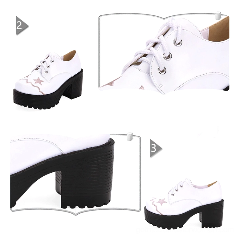 Detailed collage of white platform lace-up oxford shoes showing lacing system, heel profile, and overall design construction