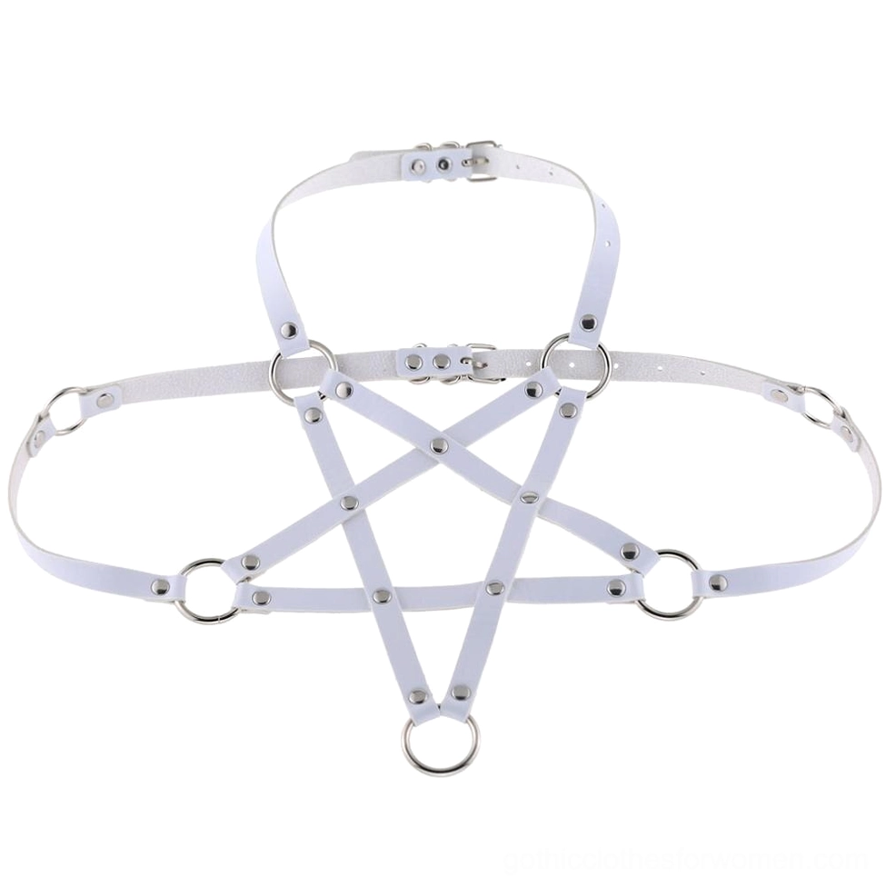 White PU leather pentagram chest harness with metal hardware and adjustable chain necklace gothic jewelry
