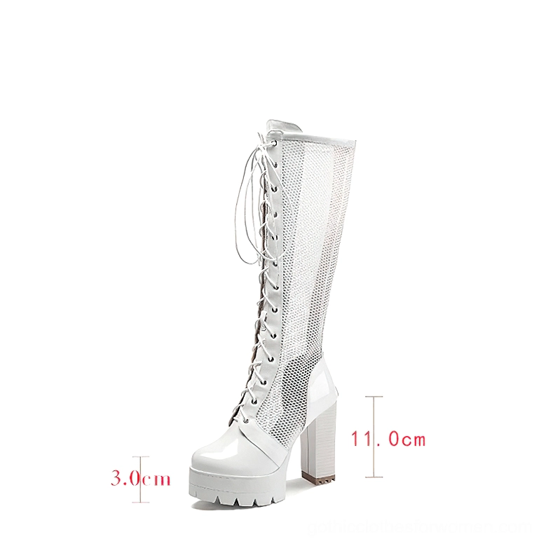 White gothic knee-high platform boots with measurement indicators showing 11cm total heel height and 3cm platform
