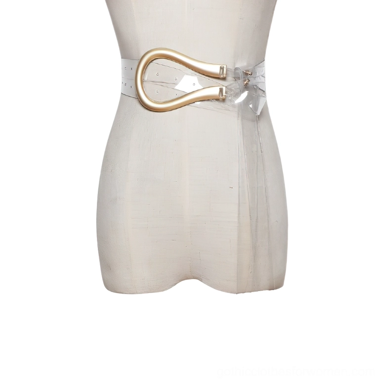 White PU leather belt with gold metal buckle displayed on mannequin torso, neutral background emphasizing buckle hardware and light color variant
