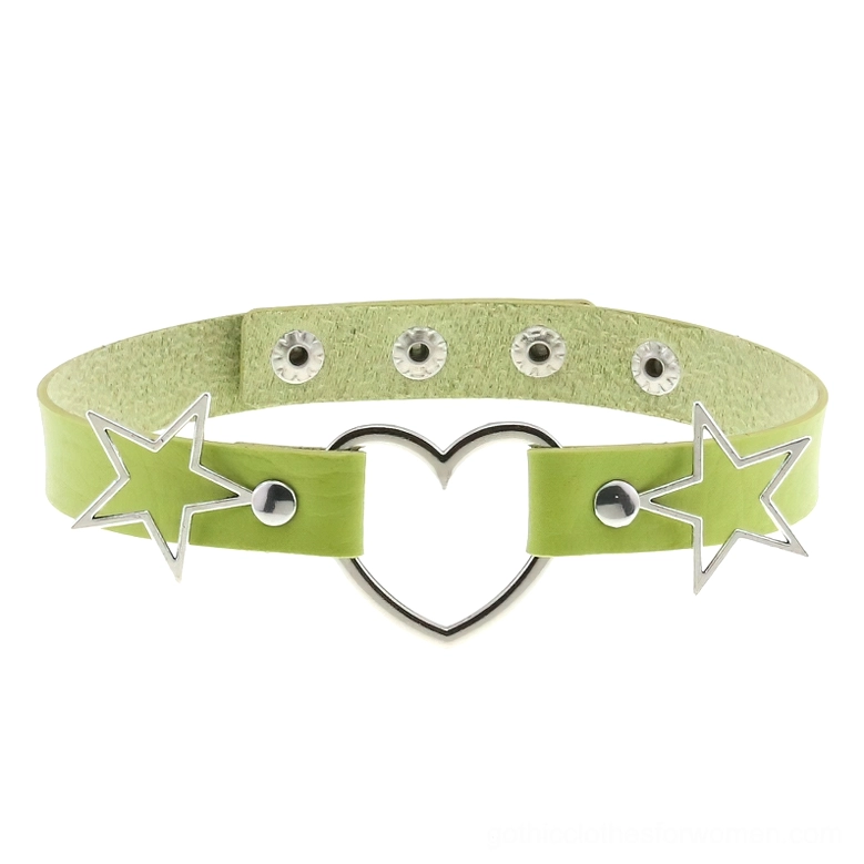 White PU leather choker necklace with heart pendant and hollow star ornaments, adjustable design, silver metal hardware
