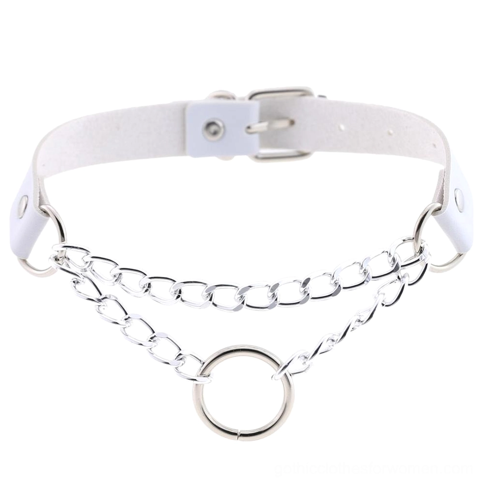 White PU leather gothic chain choker featuring silver dual chains, adjustable O-ring detail, deathly ethereal style