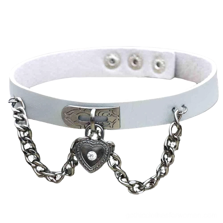 White PU leather gothic choker necklace with heart-shaped lock pendant and silver chain - flat lay