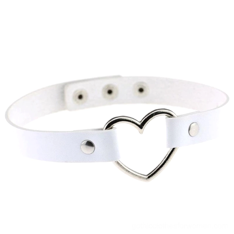 White PU leather heart choker necklace with silver hollow heart buckle on white background