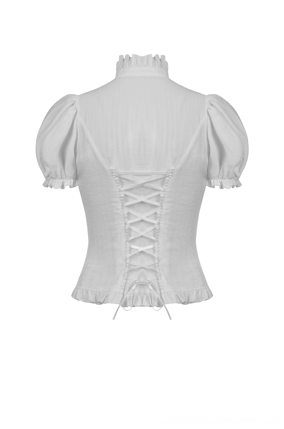 Flat lay back view of white lace puff sleeve blouse displaying lace-up corset closure and fitted construction