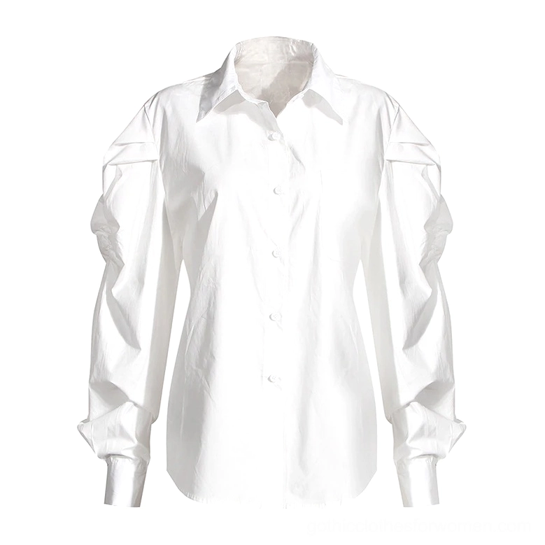 White puff sleeve blouse front view on dress form featuring button-down front and dramatic Victorian-inspired sleeves