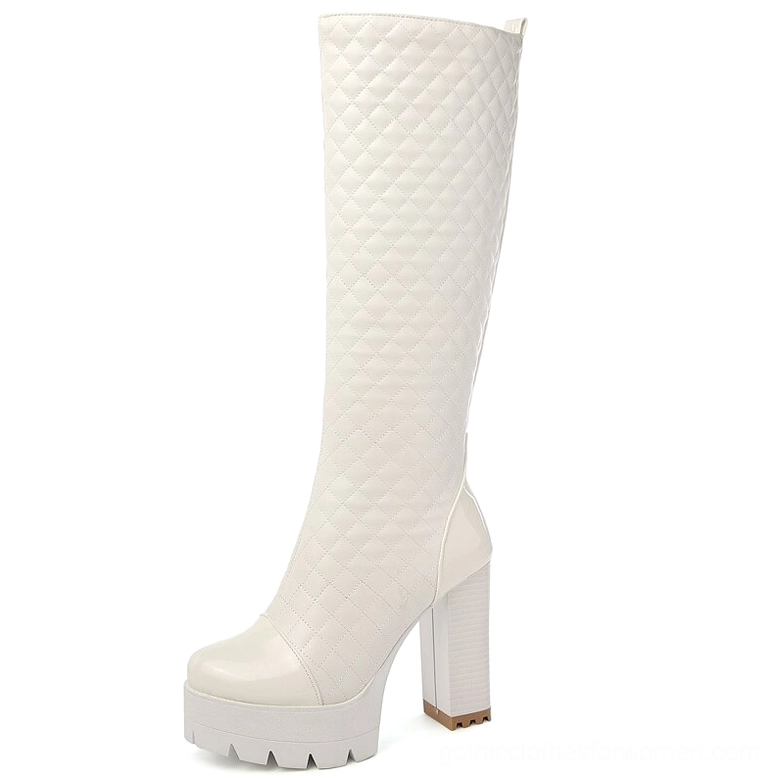White quilted gothic knee-high platform boots with patent leather details and lug sole, left side profile