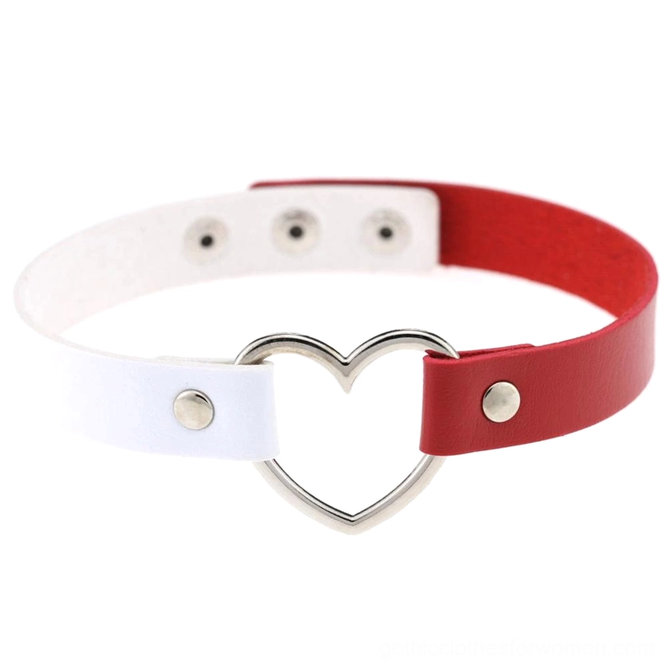 White and red striking contrast gothic choker necklace with polished silver heart charm pendant