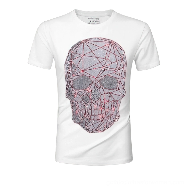 White graphic gothic t-shirt front view featuring geometric rhinestone skull print with red accents