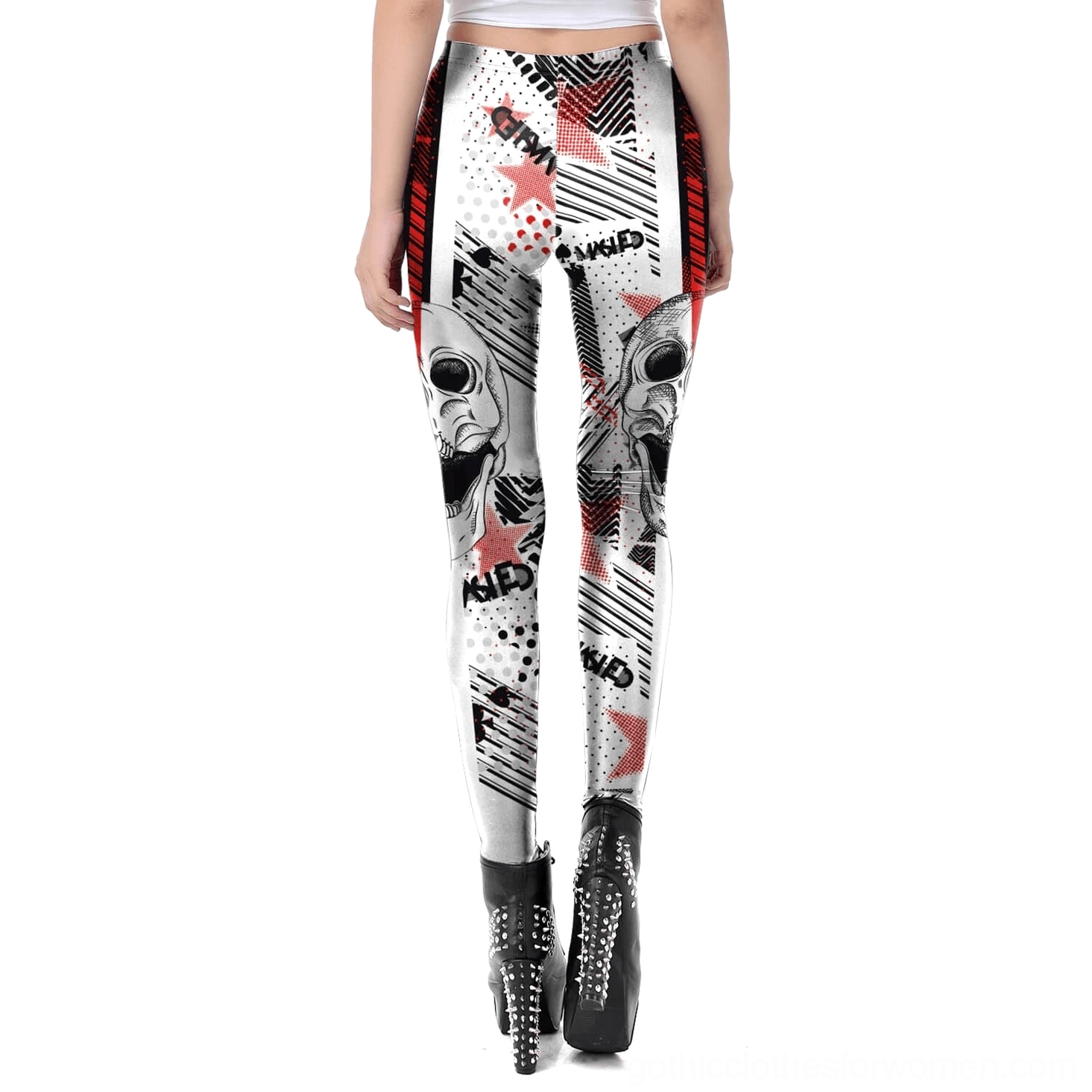Back view of white gothic skull leggings displaying full back print design with red side trim and occult aesthetic