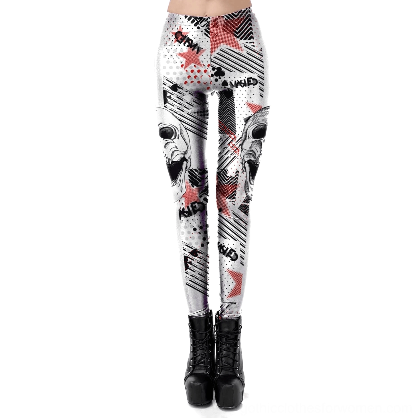 Women's white skull printed leggings front lower body view featuring dual skull graphics and geometric star patterns with stretch fabric