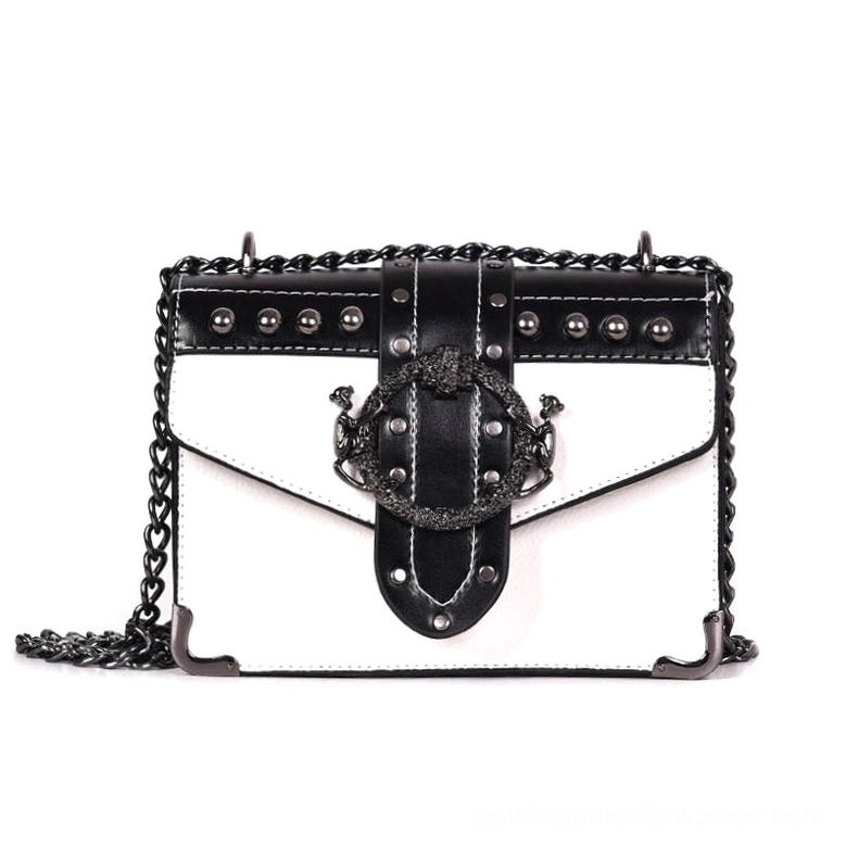 White gothic studded square shoulder bag with skull rivets and metal chain - contrast color option