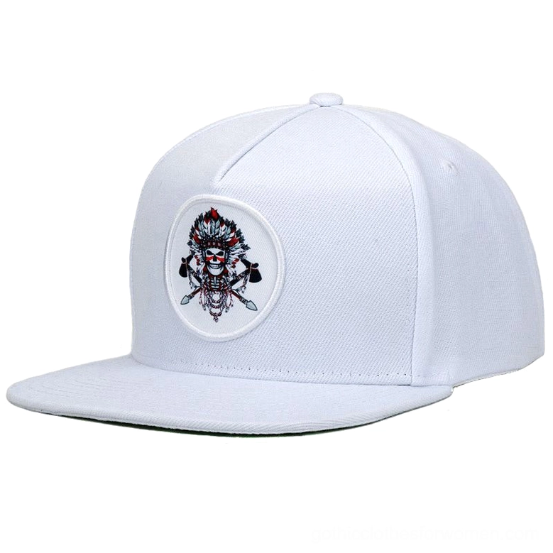 White snapback baseball cap with embroidered skull motif - side front view gothic style