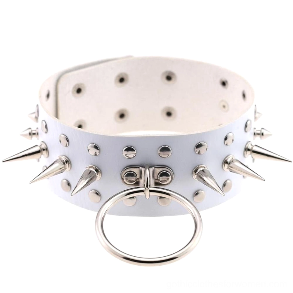 White PU leather spiked choker with metal studs and O-ring gothic jewelry statement collar