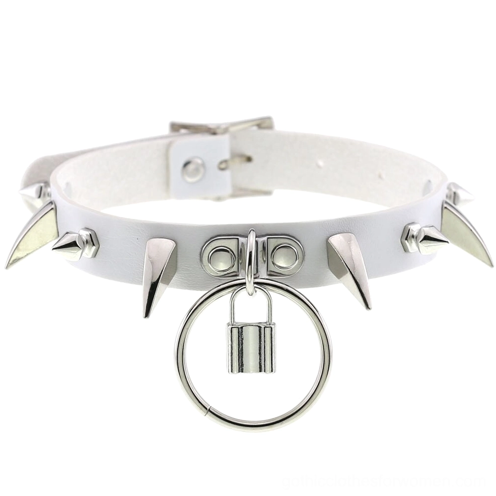 White spiked gothic choker collar with silver metal spikes and lock ring pendant
