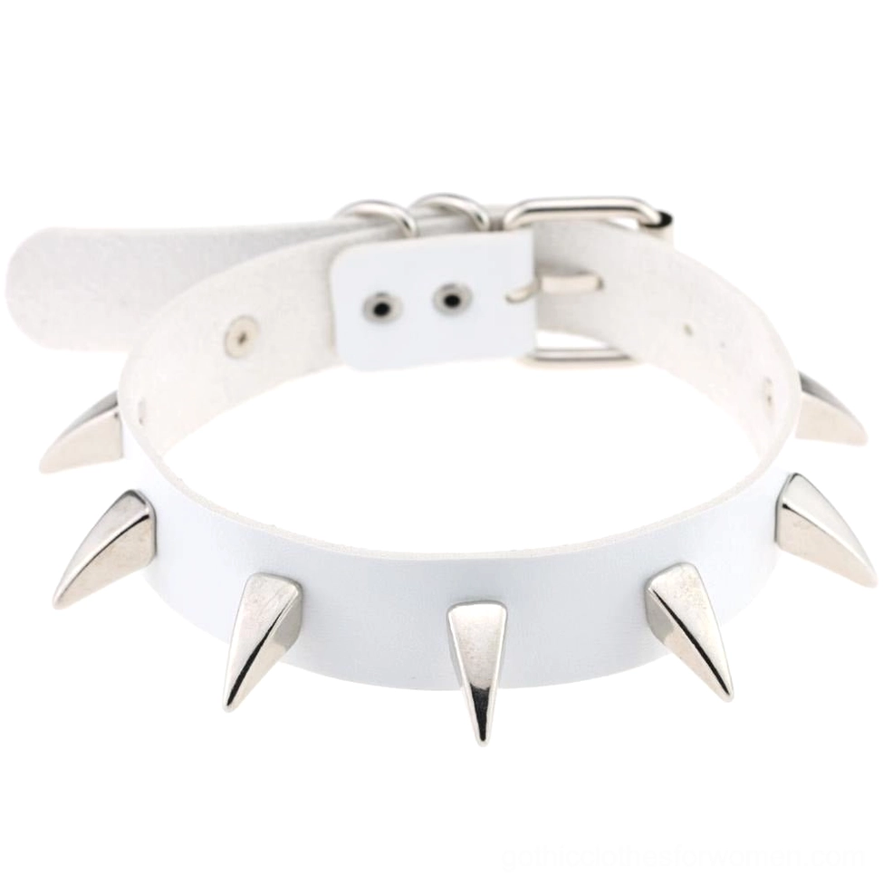 White spiked leather gothic choker necklace with silver spike studs and adjustable buckle closure