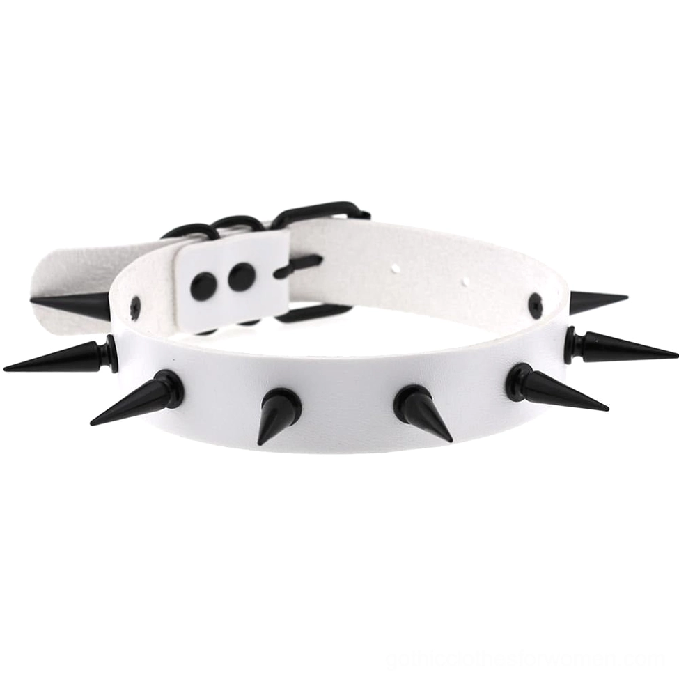White spiked leather choker collar with black spikes and adjustable buckle fastening system