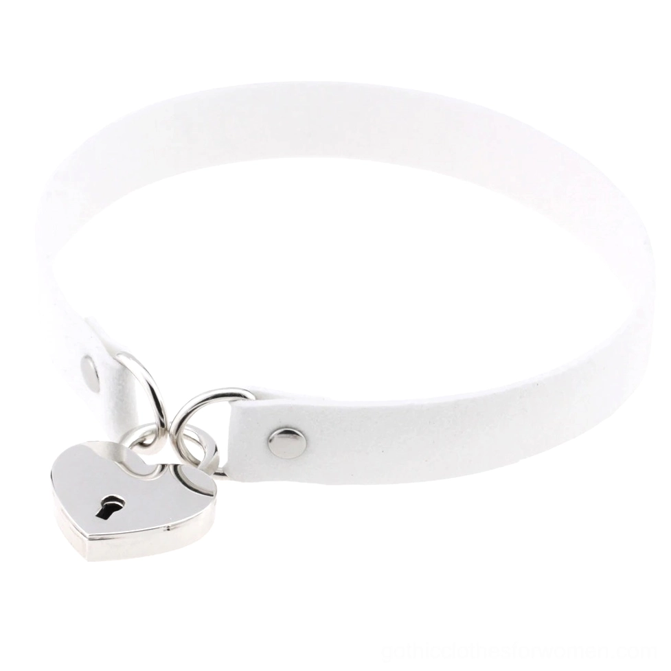 White suede steampunk heart lock choker with silver key - elegant alternative fashion piece